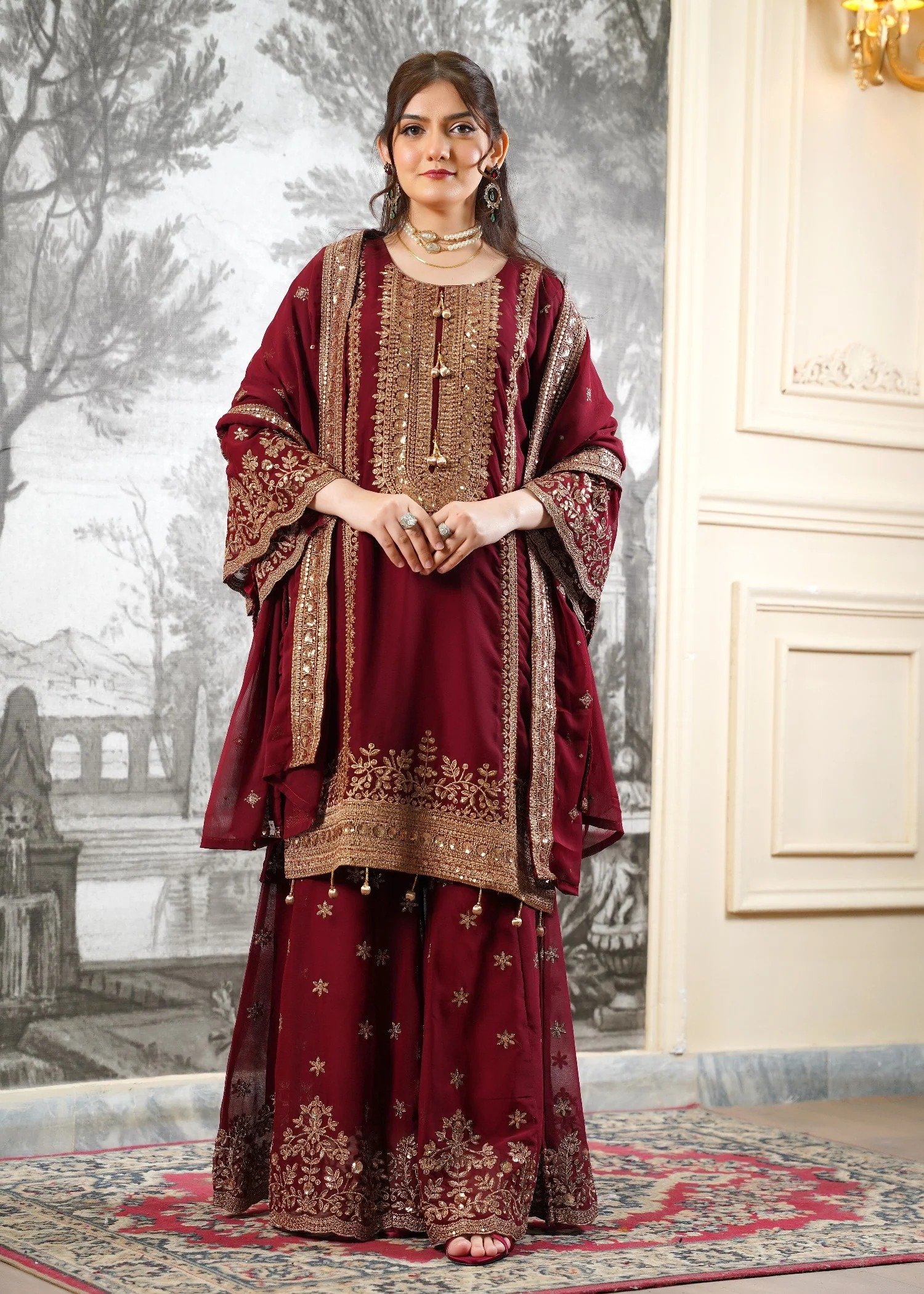 Chiffon Shirt with Gharara Maroon
