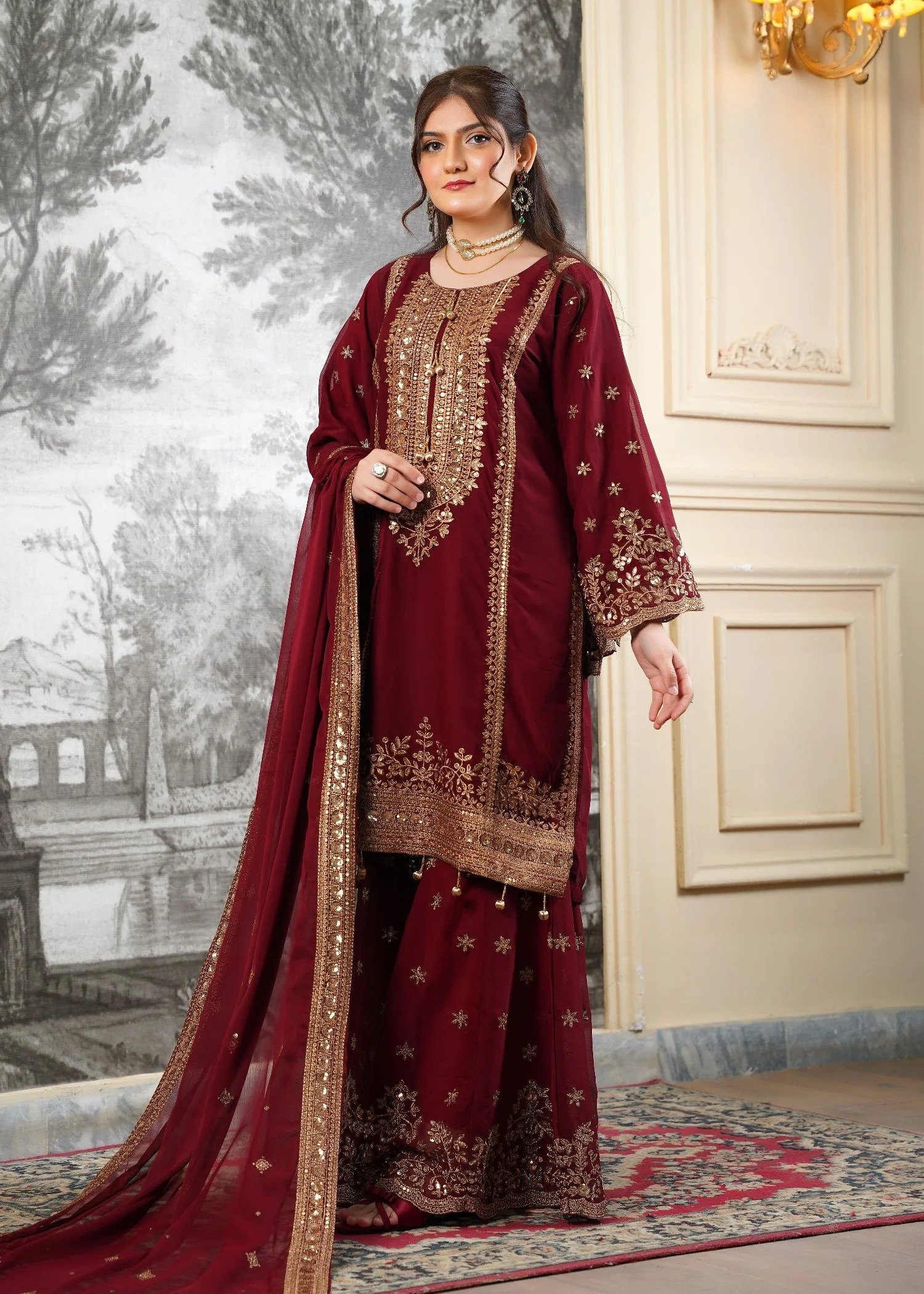 Chiffon Shirt with Gharara Maroon - Image 4