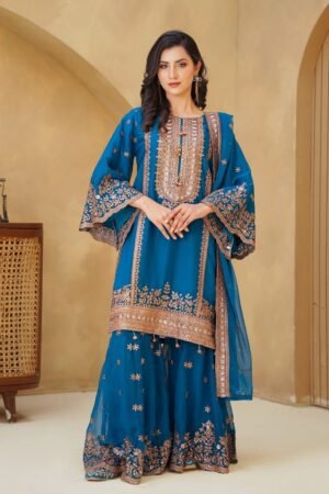 Chiffon Shirt with Gharara Ocean Blue