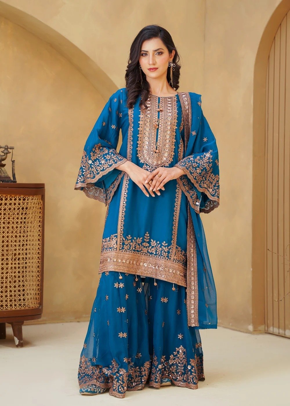 Chiffon Shirt with Gharara Ocean Blue