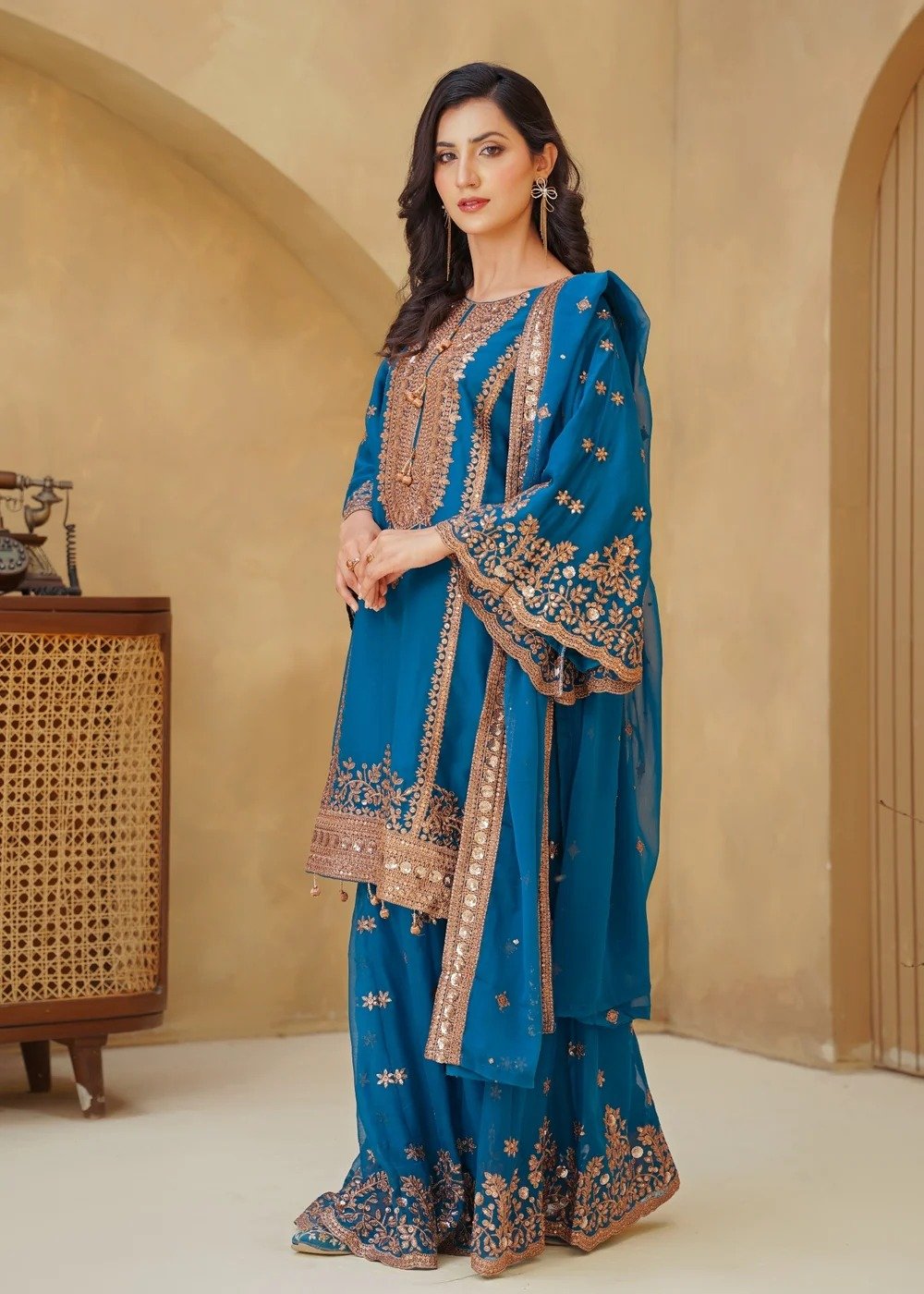 Chiffon Shirt with Gharara Ocean Blue - Image 2