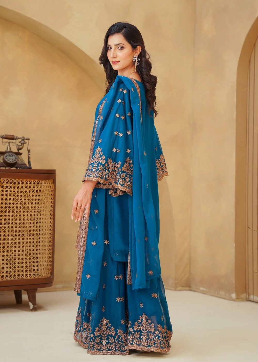 Chiffon Shirt with Gharara Ocean Blue - Image 3